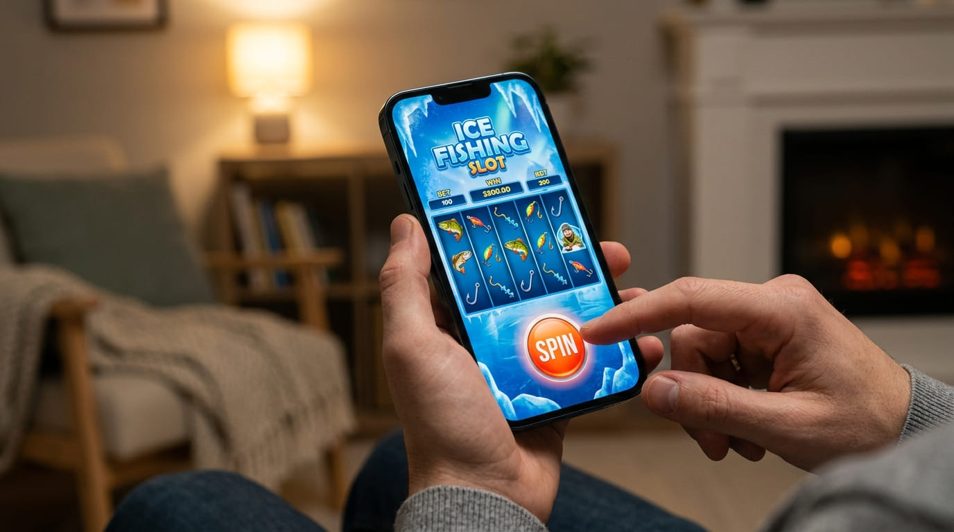 Persona jugando Ice Fishing desde un teléfono móvil