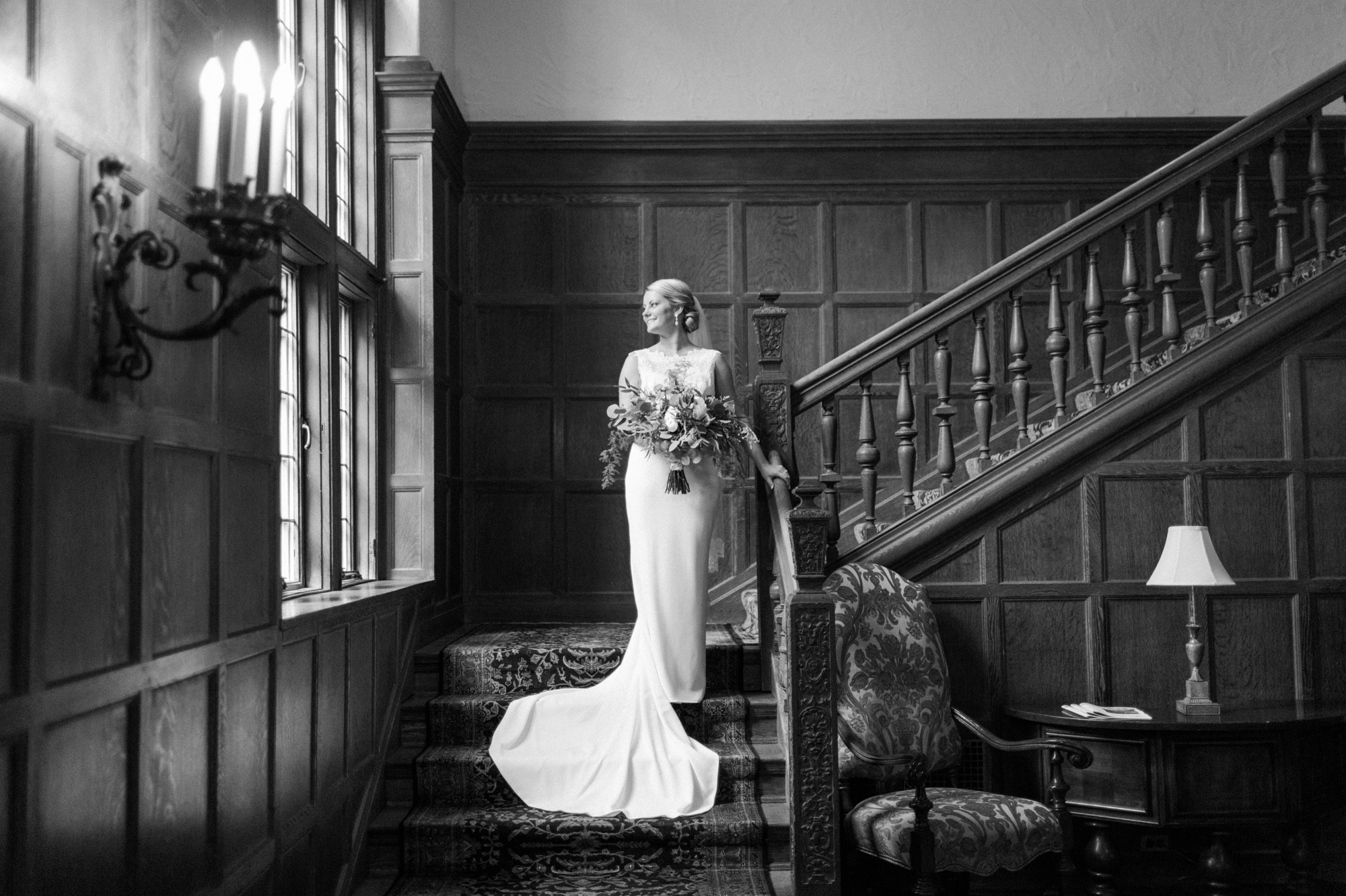Bride on Stairs at Greenville Country Club Wedding in Wilmington Delaware