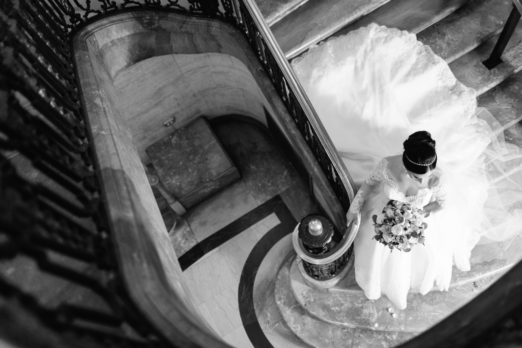 Bride on Stairs at Hotel Dupont