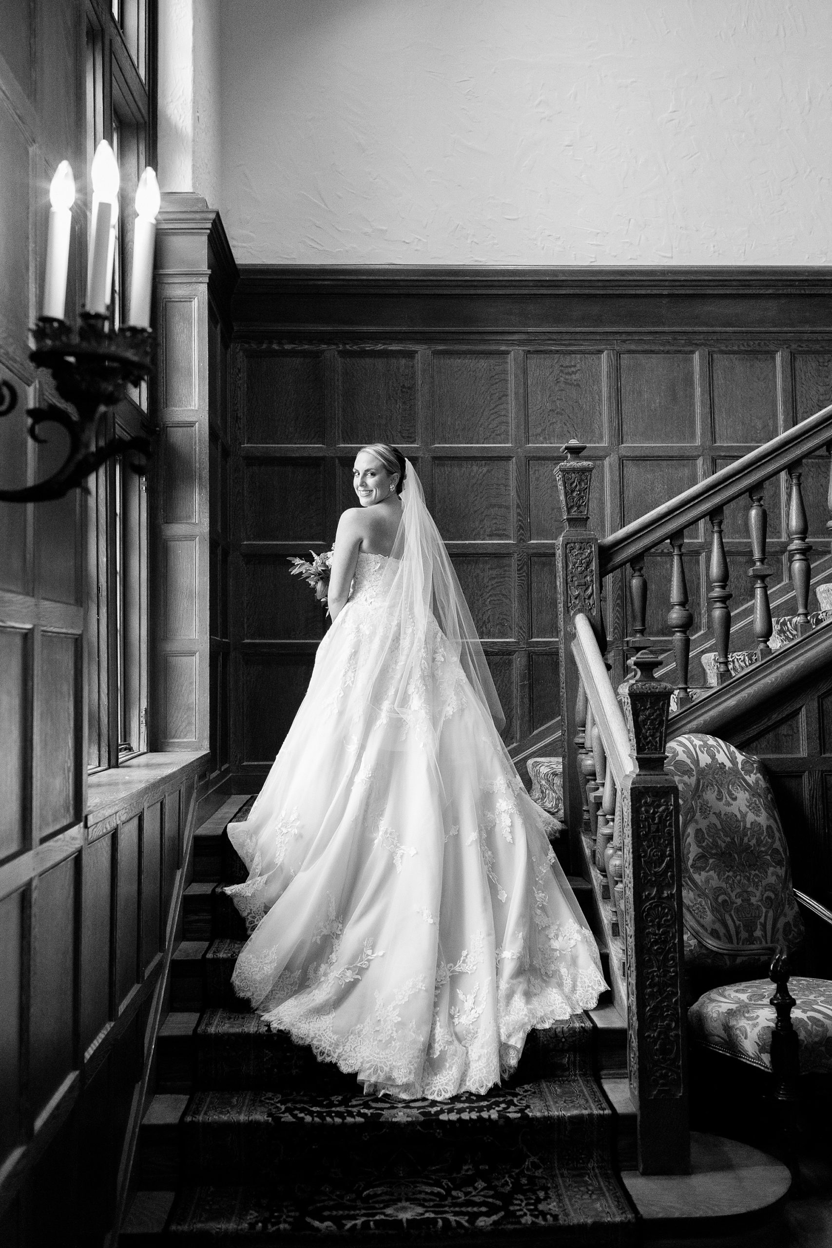Bride on stairs Greenville Country Club Wilmington Delaware